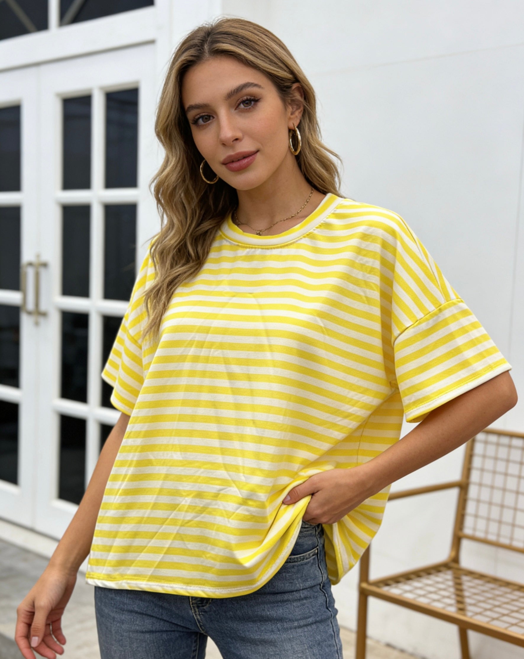 Damen T-Shirt mit Streifen, Oversize Fit Kurzarm Oberteil, Casual Freizeit Tee