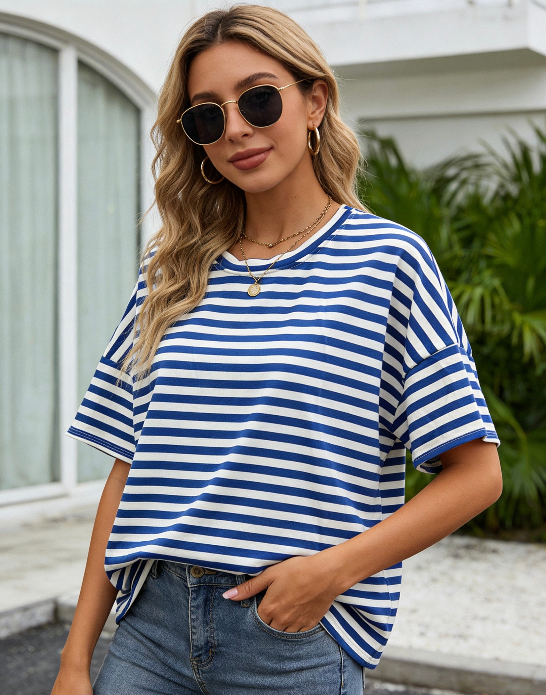 Damen T-Shirt mit Streifen, Oversize Fit Kurzarm Oberteil, Casual Freizeit Tee
