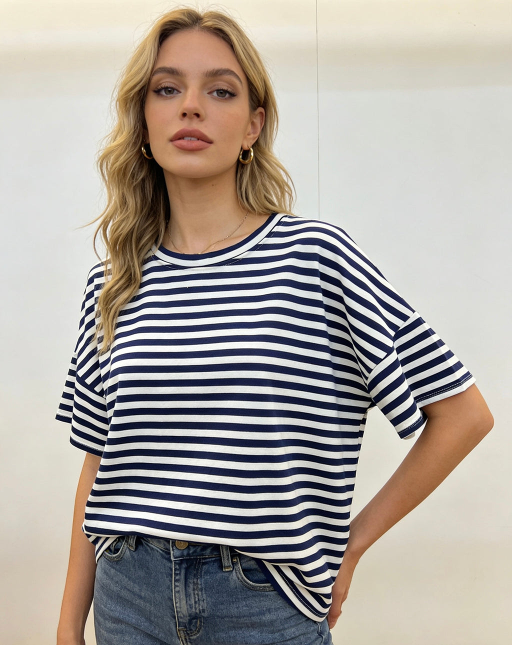 Damen T-Shirt mit Streifen, Oversize Fit Kurzarm Oberteil, Casual Freizeit Tee