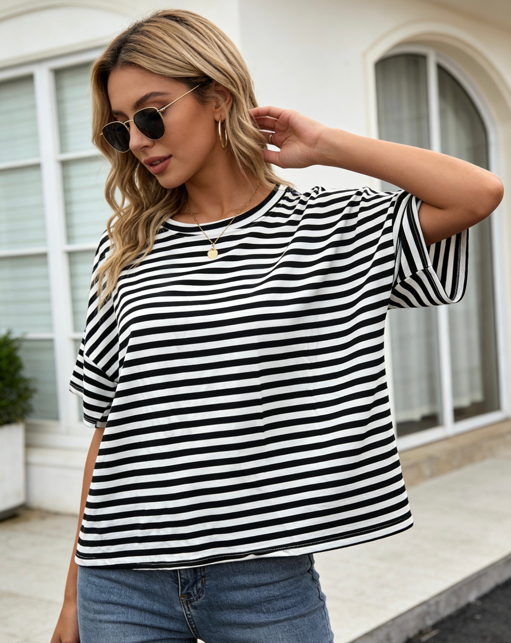 Damen T-Shirt mit Streifen, Oversize Fit Kurzarm Oberteil, Casual Freizeit Tee