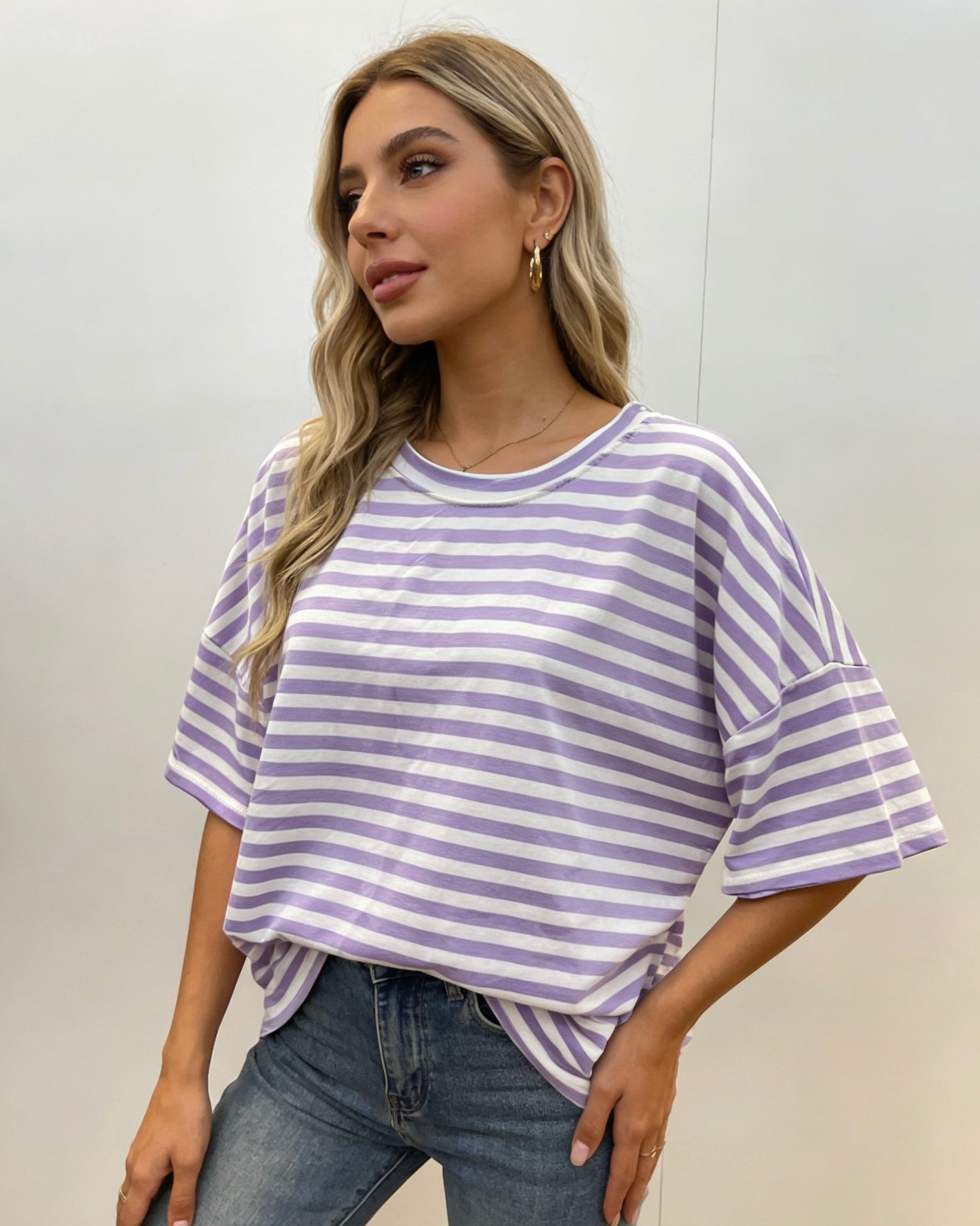 Damen T-Shirt mit Streifen, Oversize Fit Kurzarm Oberteil, Casual Freizeit Tee