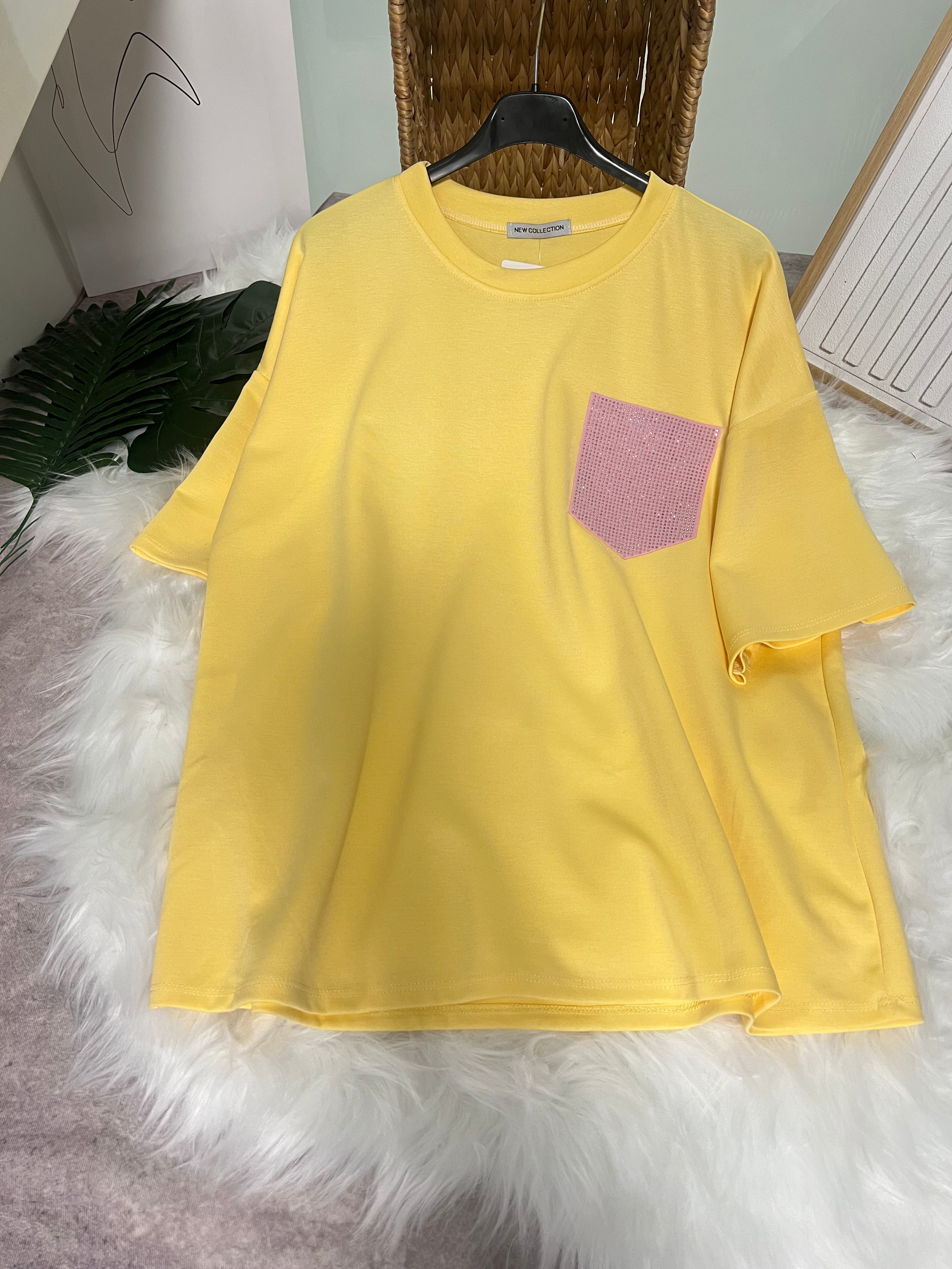 Damen T-Shirt mit rosa Tasche Oversize-Stil Grau Melange Komfortabel und Stilvoll