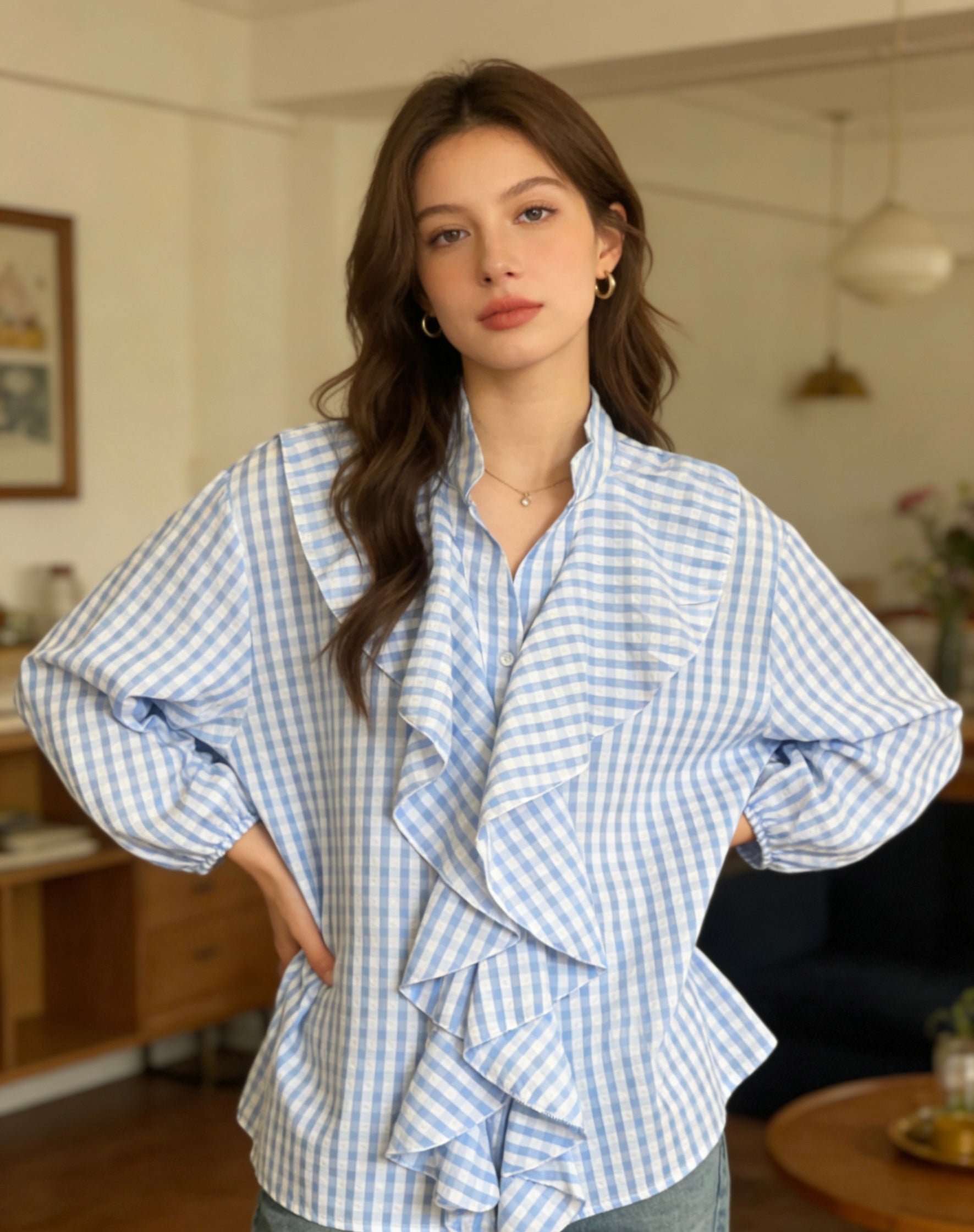 Sommerliche Damen Bluse mit Rüschen-Detail, Gestreifte Loose Fit Hemdbluse mit Stehkragen, Elegantes Freizeit Oberteil für Alltag