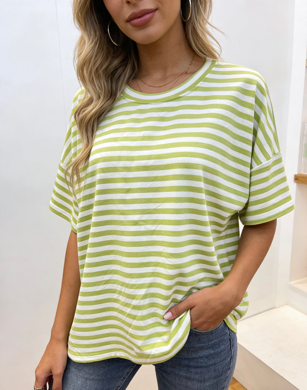Damen T-Shirt mit Streifen, Oversize Fit Kurzarm Oberteil, Casual Freizeit Tee