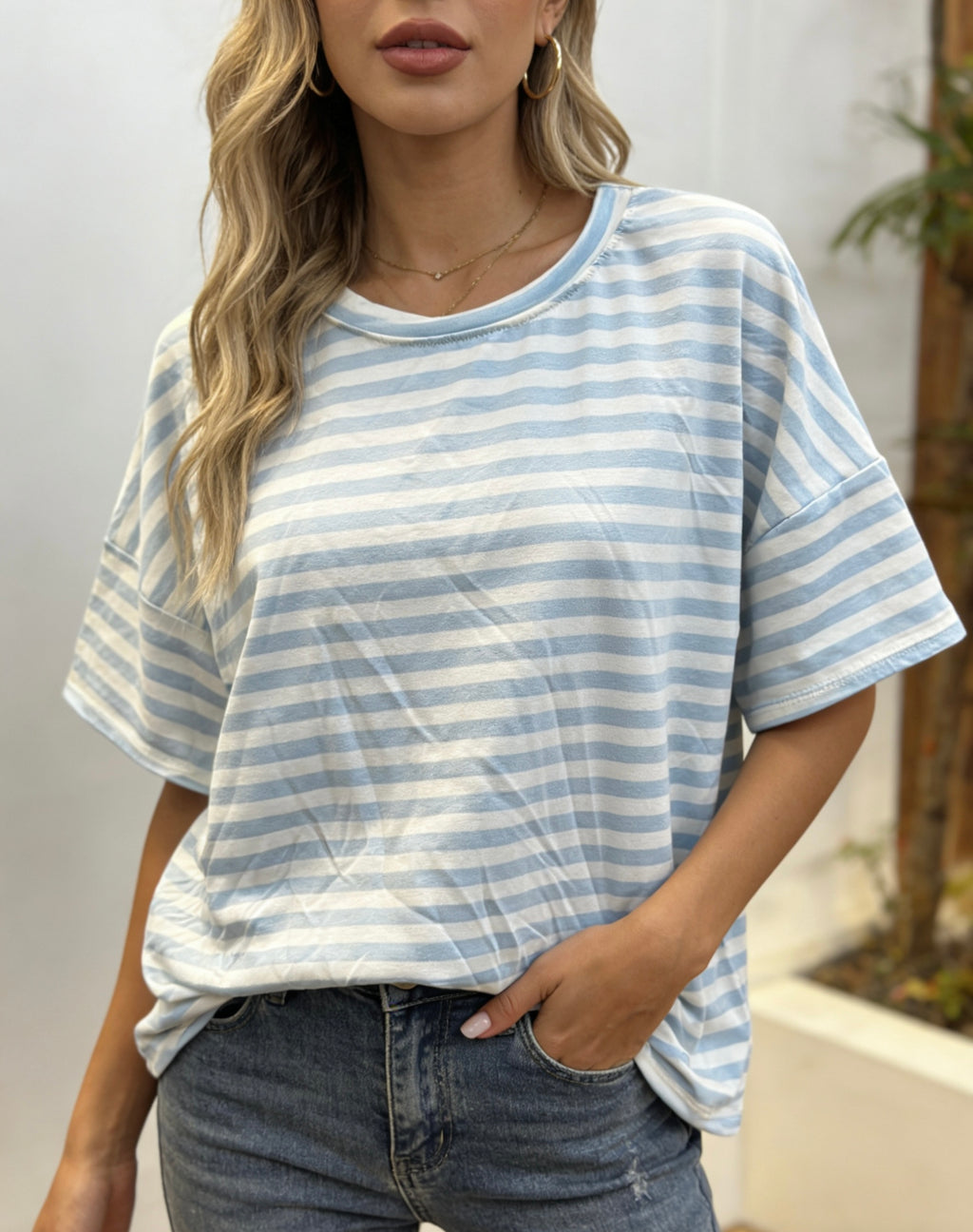 Damen T-Shirt mit Streifen, Oversize Fit Kurzarm Oberteil, Casual Freizeit Tee