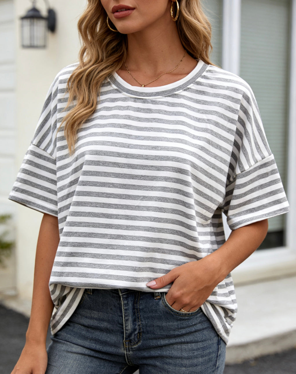 Damen T-Shirt mit Streifen, Oversize Fit Kurzarm Oberteil, Casual Freizeit Tee