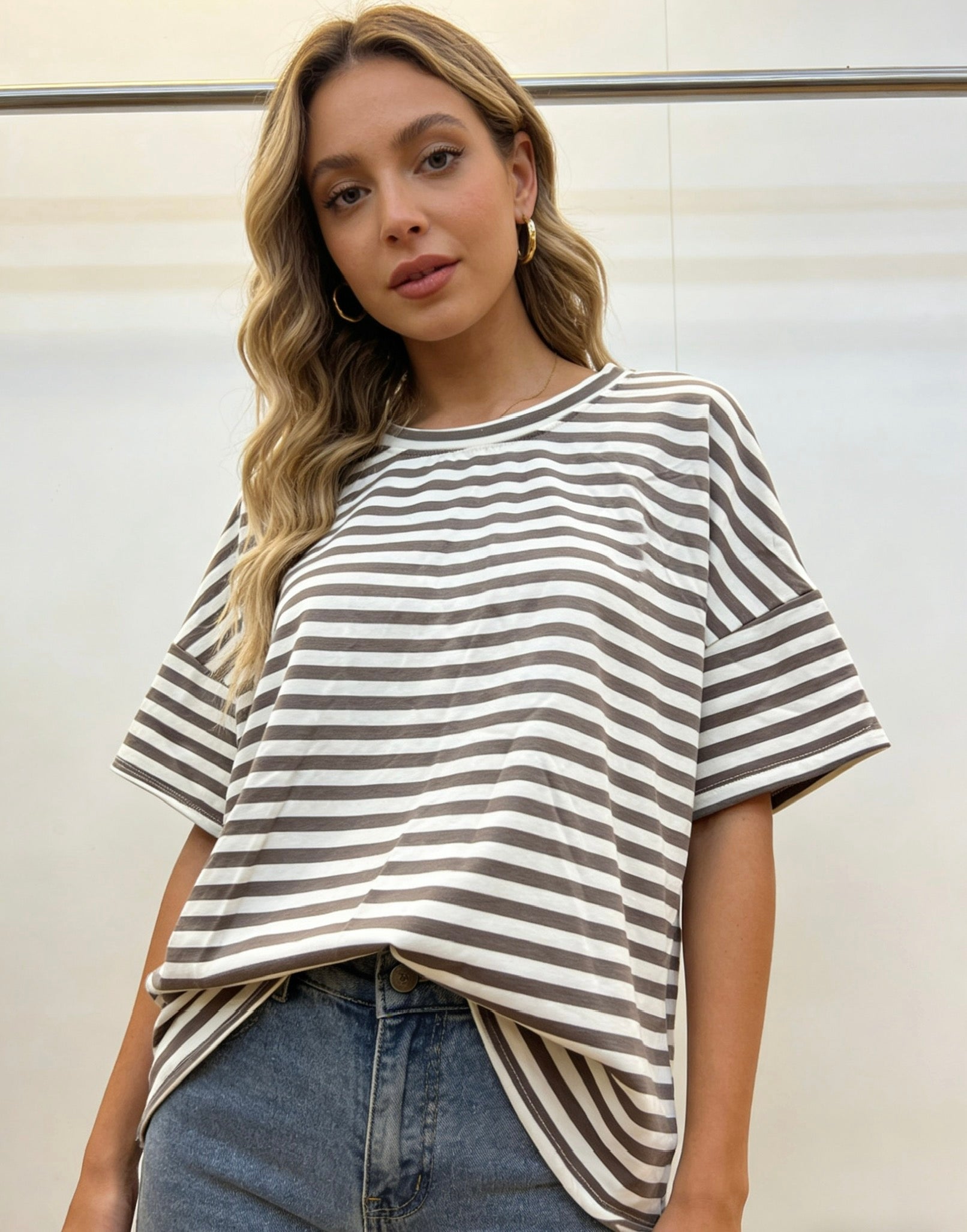 Damen T-Shirt mit Streifen, Oversize Fit Kurzarm Oberteil, Casual Freizeit Tee