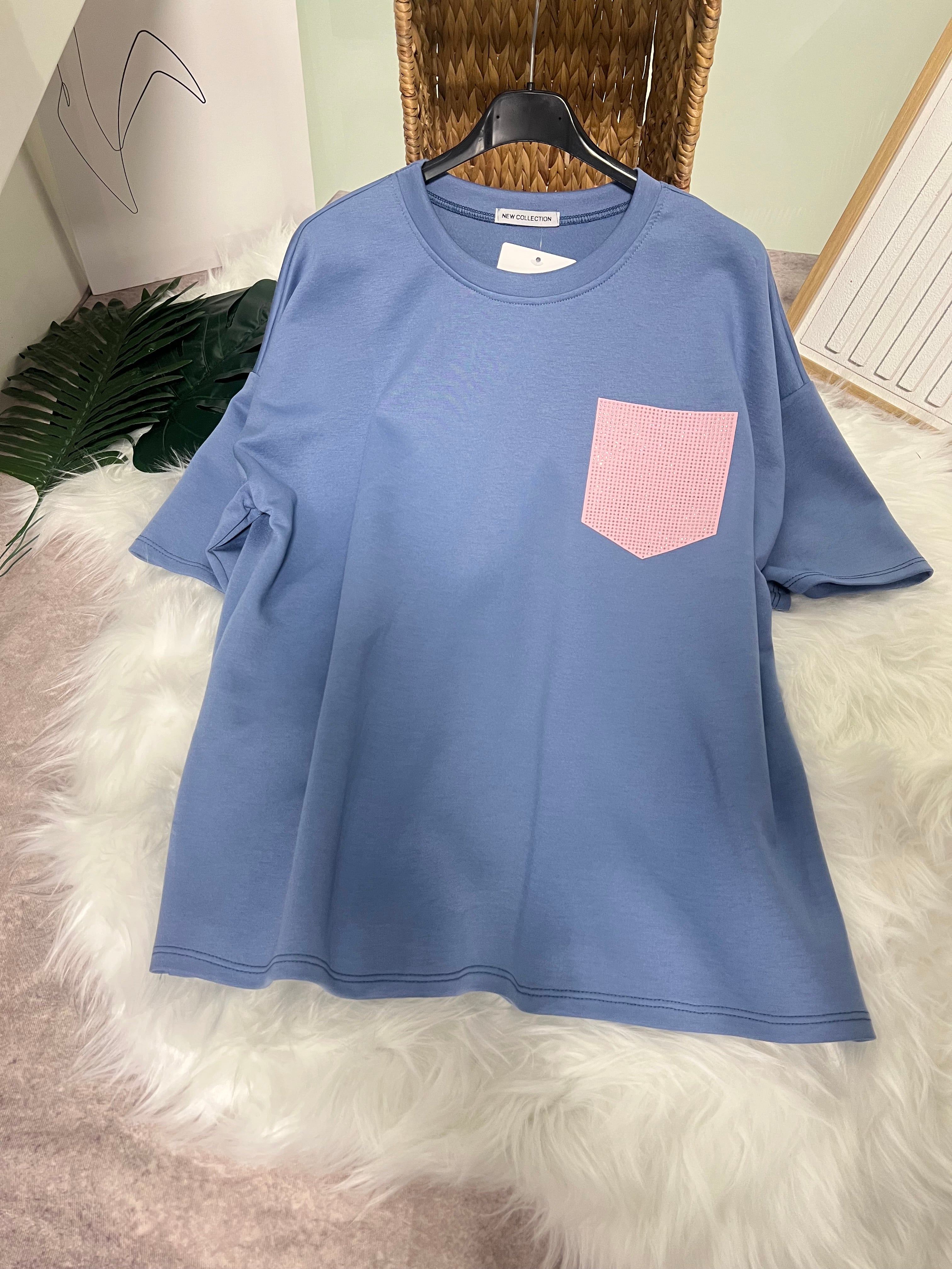 Damen T-Shirt mit rosa Tasche Oversize-Stil Grau Melange Komfortabel und Stilvoll