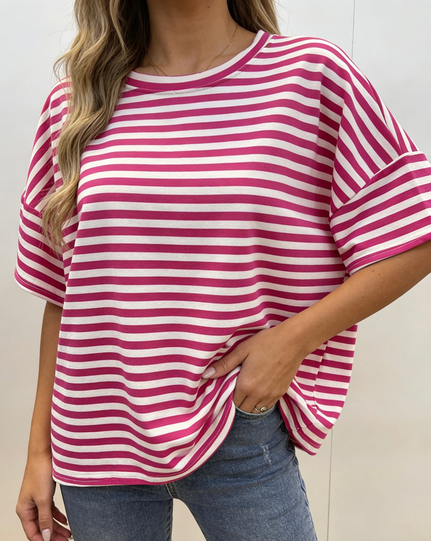 Damen T-Shirt mit Streifen, Oversize Fit Kurzarm Oberteil, Casual Freizeit Tee