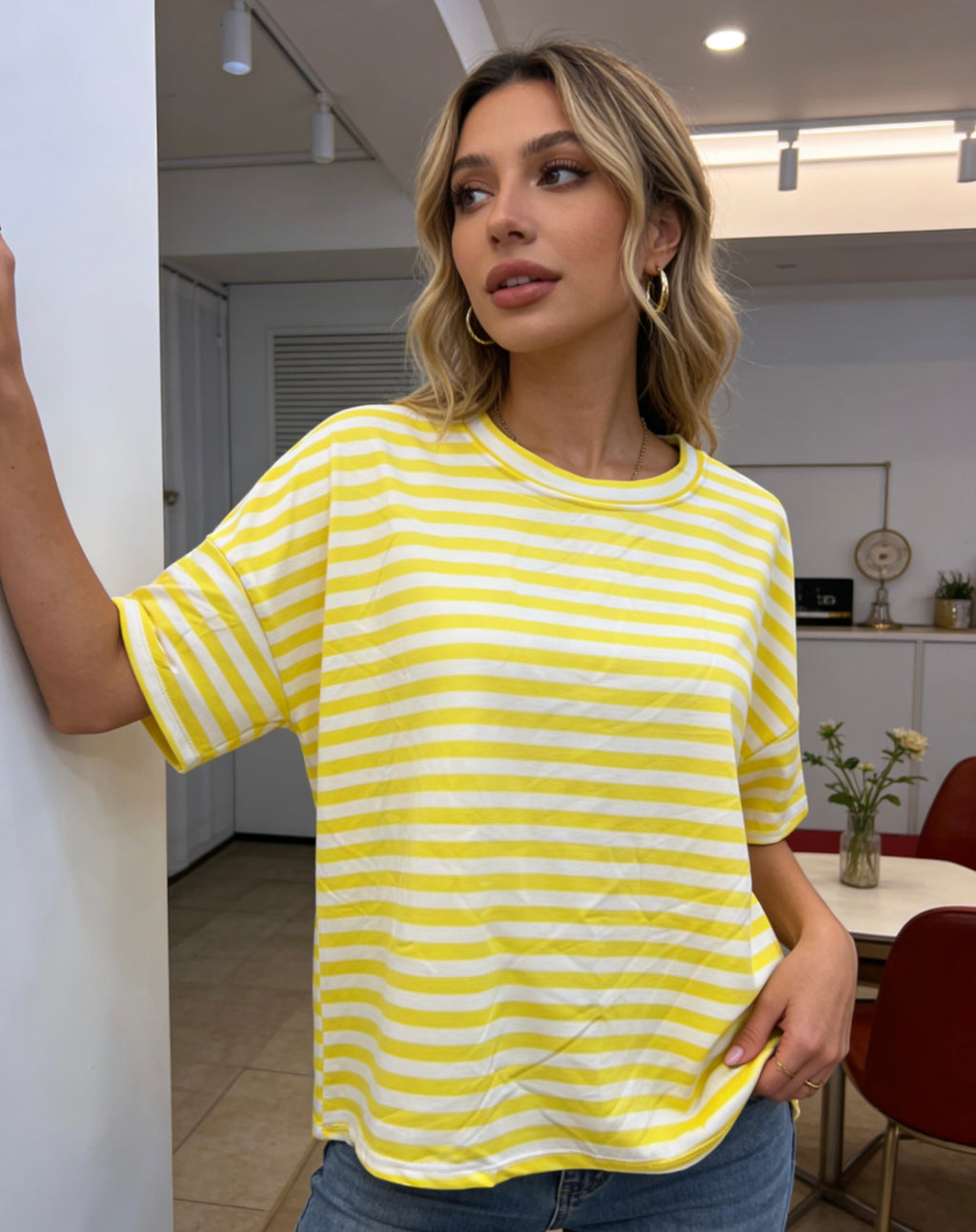 Damen T-Shirt mit Streifen, Oversize Fit Kurzarm Oberteil, Casual Freizeit Tee
